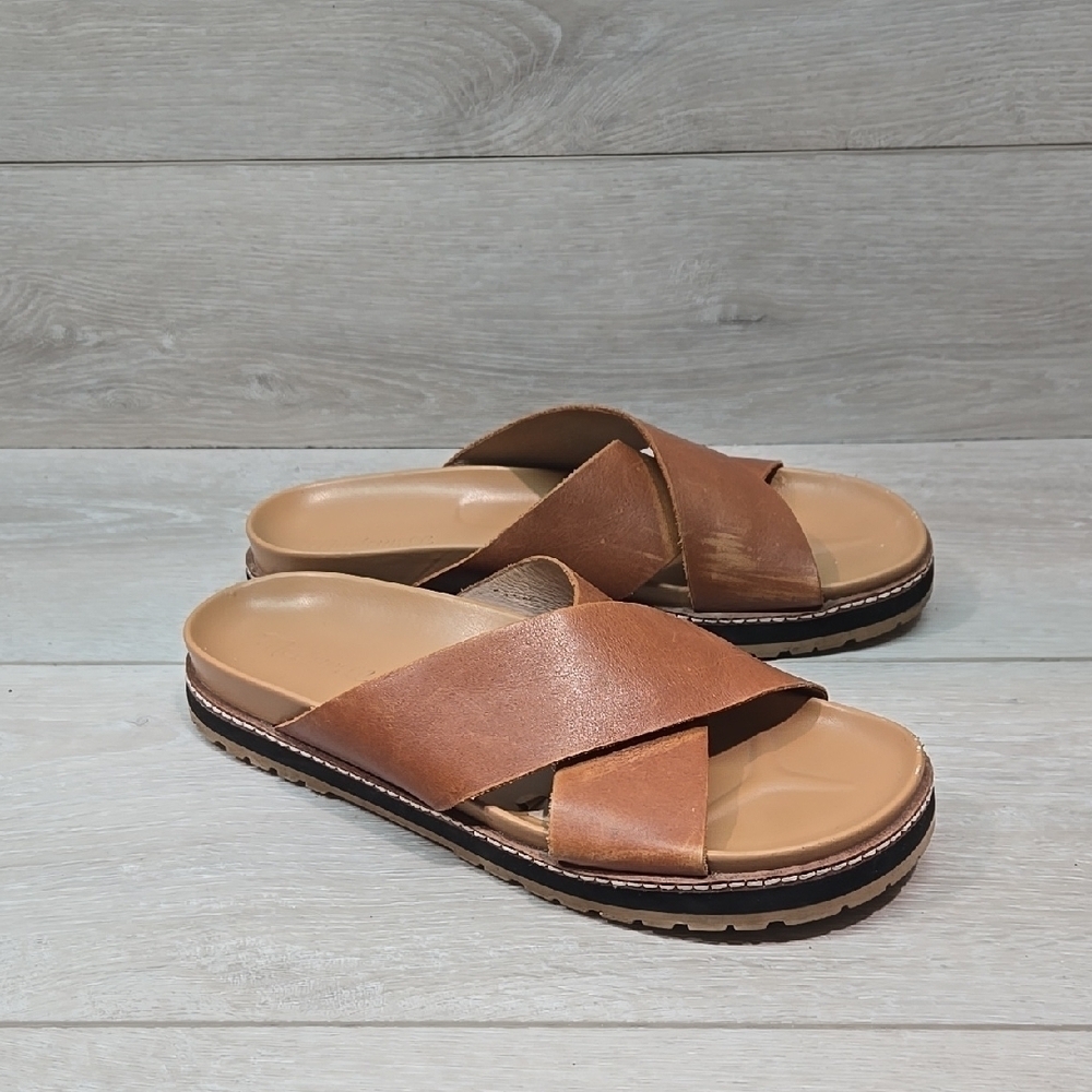Madewell Women's Crisscross Leather Brown Slide Sandals Shoes Sz 8